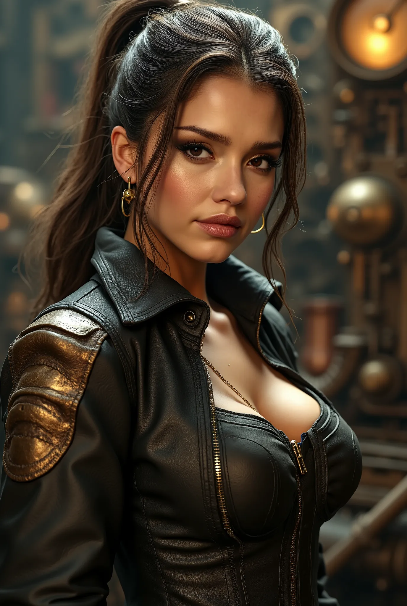 photo real. steampunk woman in leather fall view