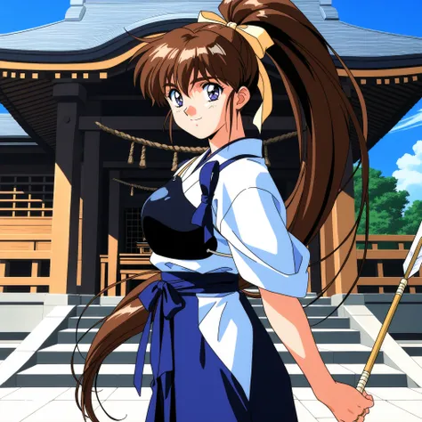 1girl,solo,general,highres, ultra-detailed,very aesthetic,best quality ,best hands, perfect anatomy, BREAK Amatsu_Ai, brown hair, ponytail, very long hair, ribbon, hair ribbon, hair bow, breasts, blue eyes, bangs, purple eyes, high ponytail, 1990s \(style\...