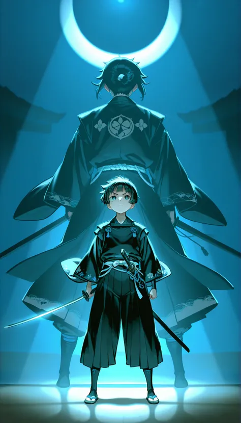 (((Best quality, 8k, Masterpiece: 1.3)), ((best quality)), ((masterpiece)), (detailed), perfect face, (detailed skin:1.3), (intricate details), Stage focus light effect, young boy, samurai, katana, japanese sword, black short hair, classic japanese outfit,...