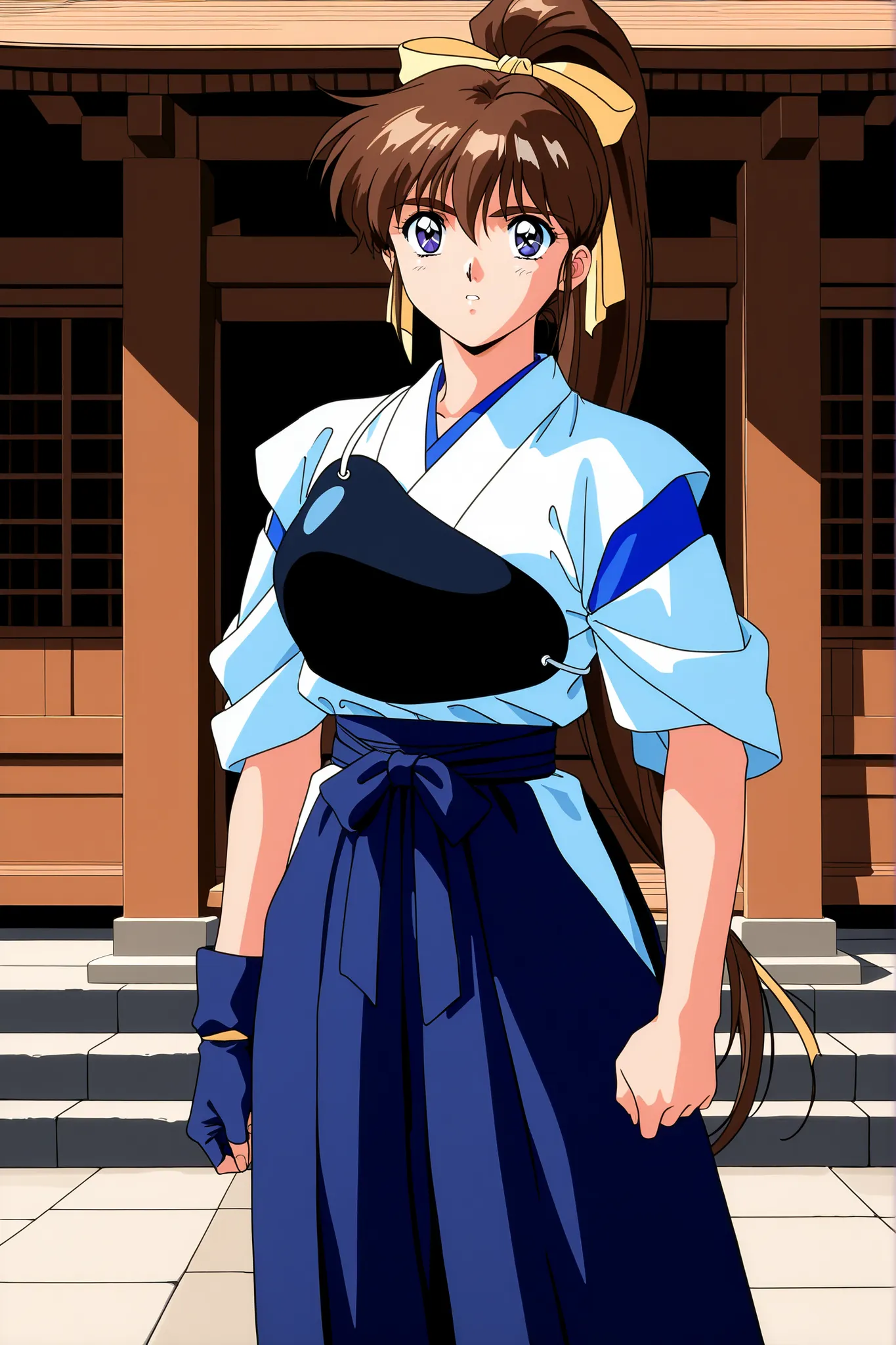 1girl,solo,general,highres, ultra-detailed,very aesthetic,best quality ,best hands, perfect anatomy, BREAK Amatsu_Ai, brown hair, ponytail, very long hair, ribbon, hair ribbon, hair bow, breasts, blue eyes, bangs, purple eyes, high ponytail, 1990s \(style\...