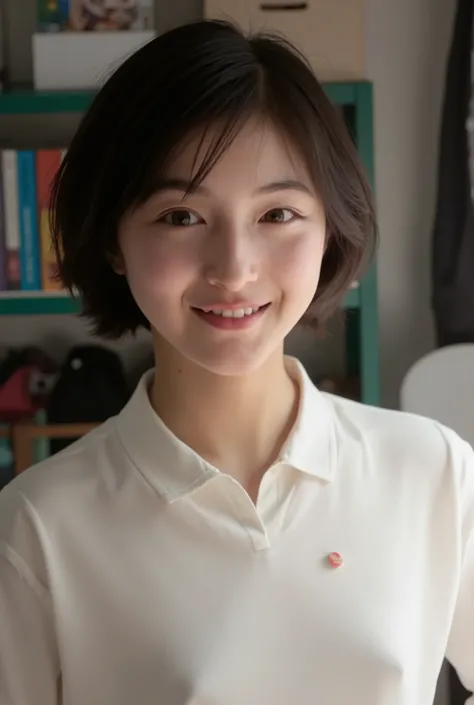 smile:2.0、 (super precise human body structure , Highest Quality 、 RAW photos、8k、32K、masterpiece、 realistic、 Photorealistic:1.37)、images of cute Japanese women removing items from shelves、 shot in natural light、 upper body、 1 girl on break day、photo map...