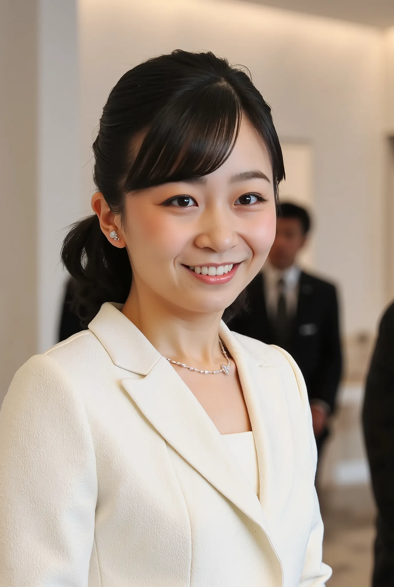 Japanese woman headshot、looking at the camera、Dark eyeshadow、smile with closed mouth、Red cheeks、ear piercing、necklace、upper body、Background is in a room、