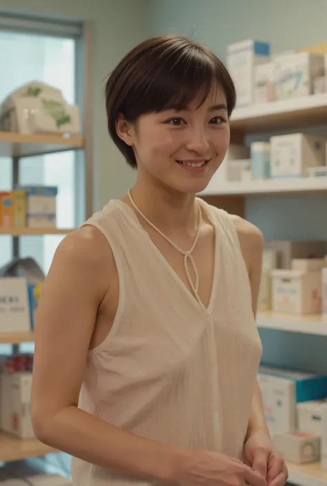 smile:2.0、 (super precise human body structure , Highest Quality 、 RAW photos、8k、32K、masterpiece、 realistic、 Photorealistic:1.37)、images of cute Japanese women removing items from shelves、((camisole caught))、 shot in natural light、 upper body、 1 girl on...