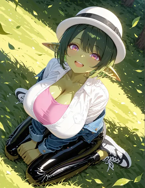 rating_safe,daytime,sunny,nature green leaves,1girl,looking up at viewer,solo,dutch angle,goblin girl,short hair,(dark green hair,green skin),pointed ears,big smile,open mouth,denim jacket on shirt,simple white shirt,pink inner shirt,white bowler hat,huge ...