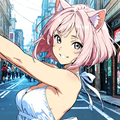 dynamic pose, half body, half profile, masterpiece, high quality, pale pink hair girl, bob tidy hair, pale pink cat ears, bluish gray eyes, anime style, adult face, cute, smiling, street background, dress