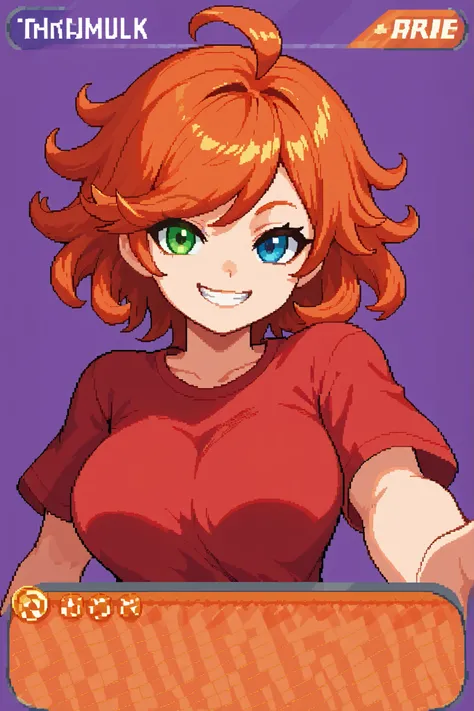 score_9, score_8_up, score_7_up, source_anime, 1girl, solo, pixel art, tr4dingcard, card (medium), english_test, common_rarity_icon, N, trading_card, white_trade_card_frames, solo, redhead BREAK 

Short hair, red hair, wavy hair, swept bangs, ahoge, hetero...