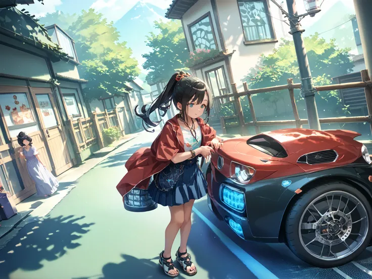 ((((masterpiece)))), high quality, very_high_resolution, large_filesize, full color,full body,Japanese、black hair, long hair, ponytail
,ベージュドレス、ベルト