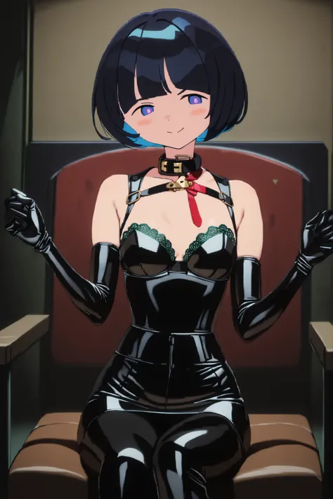 (((short)))、((( body type)))、(((small bust)))、(((sitting cross leged)))、spread legs、is holding a horseback riding whip grip with her right hand:1.3,BDSM、Queen、mistress、(((girl)))、(((solo:1.8)))、(((black latex elbow gloves:1.4)))、(((black latex corset dress...