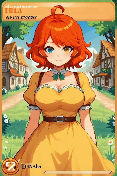 score_9, score_8_up, score_7_up, source_anime, 1girl, solo, pixel art, tr4dingcard, card (medium), english_test, common_rarity_icon, N, trading_card, white_trade_card_frames, solo, redhead BREAK 

Short hair, red hair, wavy hair, swept bangs, ahoge, hetero...