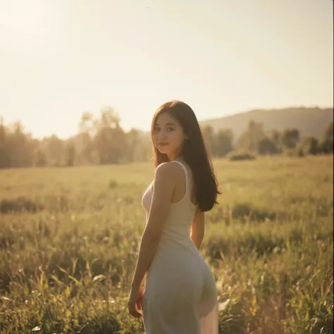 "A cinematic frame of a young woman in a sunlit field, captured in retro Super 8 film style. She wears a fitted light outfit, stands with her back to the viewer, and turns her head with a soft smile. Her long dark hair moves slightly in the breeze. The ima...