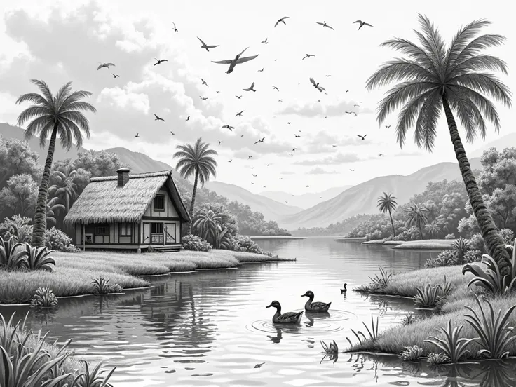 make a scenery,  there should be a house and a river and 2 ducks in the river, they are swimming. it should be placed in a jungle and there should be a coconut tree, make as a 2d drawing pencil there should be hills, and clouds in the sky, and there should...