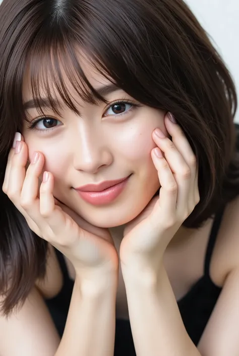 extreme close-up portrait, beautiful girl with her love-struck, radiant face filling the entire frame (95% face ratio), gently placing both open hands on her flushed cheeks with soft fingers, soft black camisole, white blurred background, eyes dreamy and h...