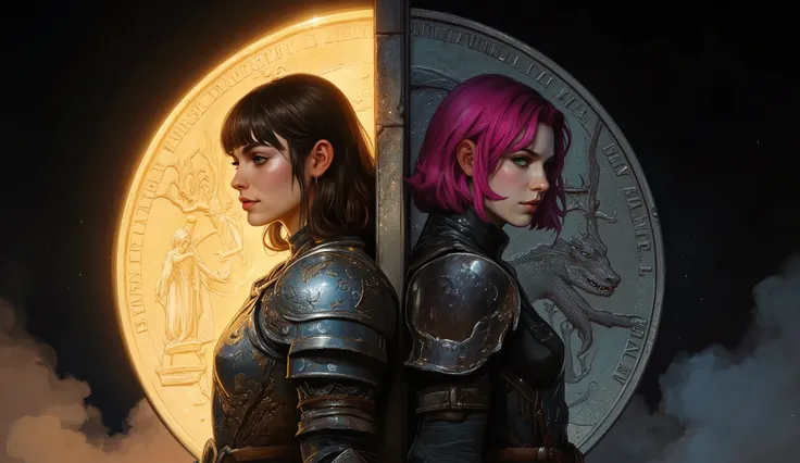 Two sisters standing back-to-back, leaning against the edge of a massive vertical coin as if it were a wall dividing light and shadow, embodying duality and inner conflict. On the left, bathed in warm divine light, a paladin of Bahamut with brown hair and ...