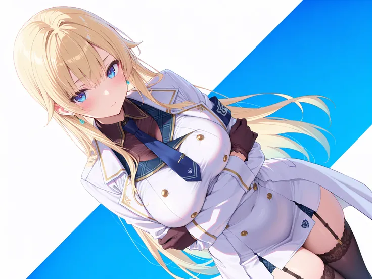 masterpiece,best quality, amazing quality, highres, absurdres, very aesthetic, high resolution, ultra detailed, perfect details,EmaMilitary, long hair, earrings, short dress, necktie, gloves, white coat, garter straps, thighhighs,,anime keyvisual,medium br...