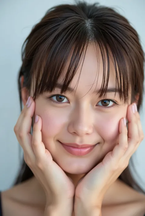 extreme close-up portrait, beautiful girl with her love-struck, radiant face filling the entire frame (95% face ratio), gently placing both open hands on her flushed cheeks with soft fingers, soft black camisole, white blurred background, eyes dreamy and h...
