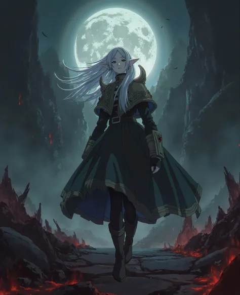 (Infernal Darkness Beautiful Girl), ((Hellish darkness)), ((Armadura de poder de sangue)), sangue, Frieren, white hair, small elf size like original frieren. Frieren height