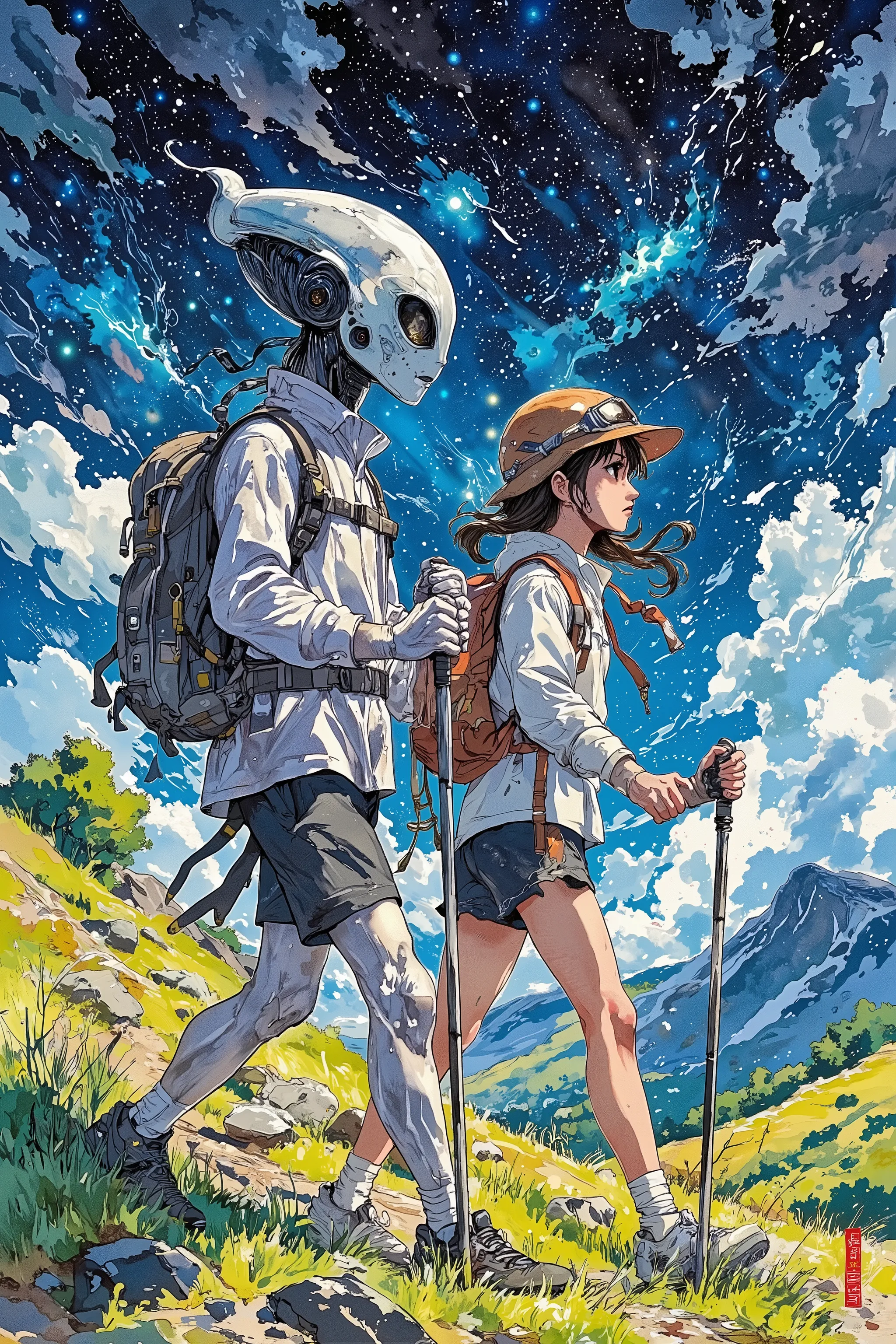 from side,side view,wide view,alien couple,husband and wife,sporty outfits,sweat,outdoor workout,hiking,holding Trekking pole,beautiful galaxy night sky,beautiful scenery,in summer,land scape,vivid color,bright tone,dynamic pose,dramatic moment,dynamic ang...