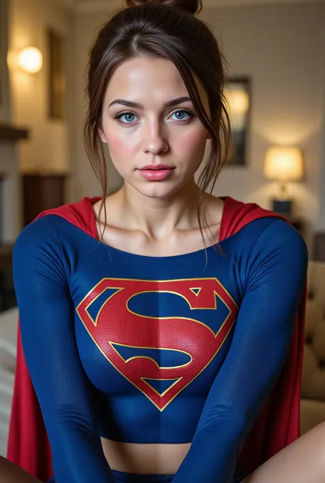 A nerdy female in her 20's as superman, red lips, blue eyes, freckles, small waist, messy bun, long brown hair, raised eyebrows, wearing a full mesh like blue superman suit, long red cape and red boots, sitting on her couch, legs crossed, connecting with t...