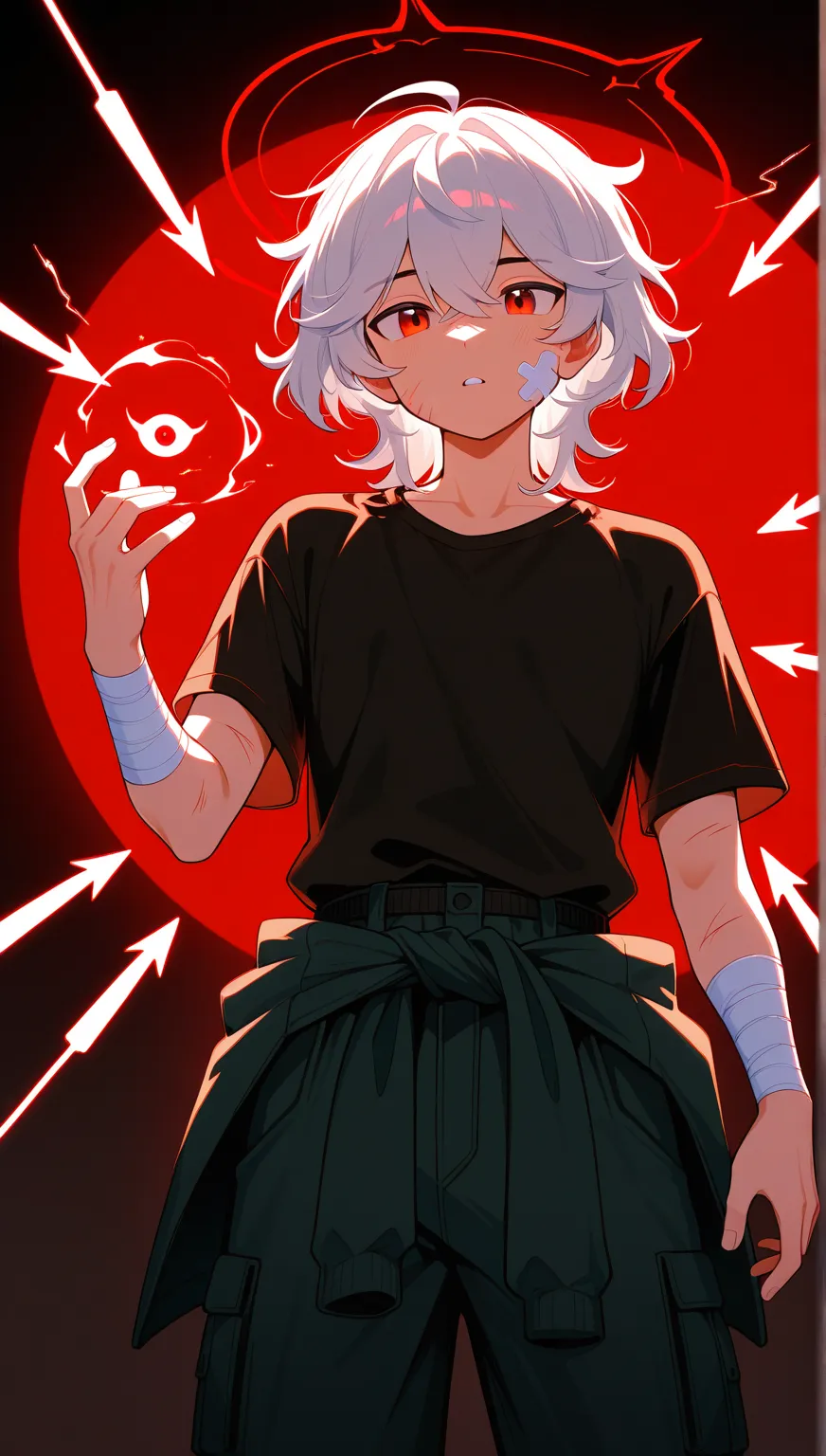 menino, male cartoon character, male face, ,     foco solo    , Grampos , long waist band, loose black cargo pants, Estrutura do    male body, Boy's clothes,     male body, a white band around the waist, short silver hair, unkempt hair, medium hair, men's wavy hair, Masculino, perfect face, perfect face, magro, sozinho, black     men's clothing    , t-shirt with sleeves,  red eyes,     red eyes, perfect eyes,      men's clothing     , scratches on the face, scratches on her arms, Band-Aid on the Face    , arm bandage , floating heavenly magic with floating demon magic, demonic arrow magic, floating in the palm of your hand, Floating arrows wrapped in.,   facial expression of pain.