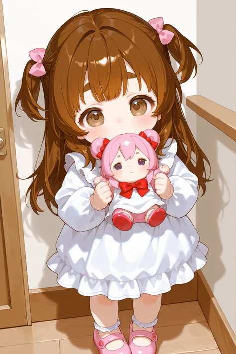((toddler_body))、white dress、thick eyebrows、brown hair、pink doll shoes、room、your sister、