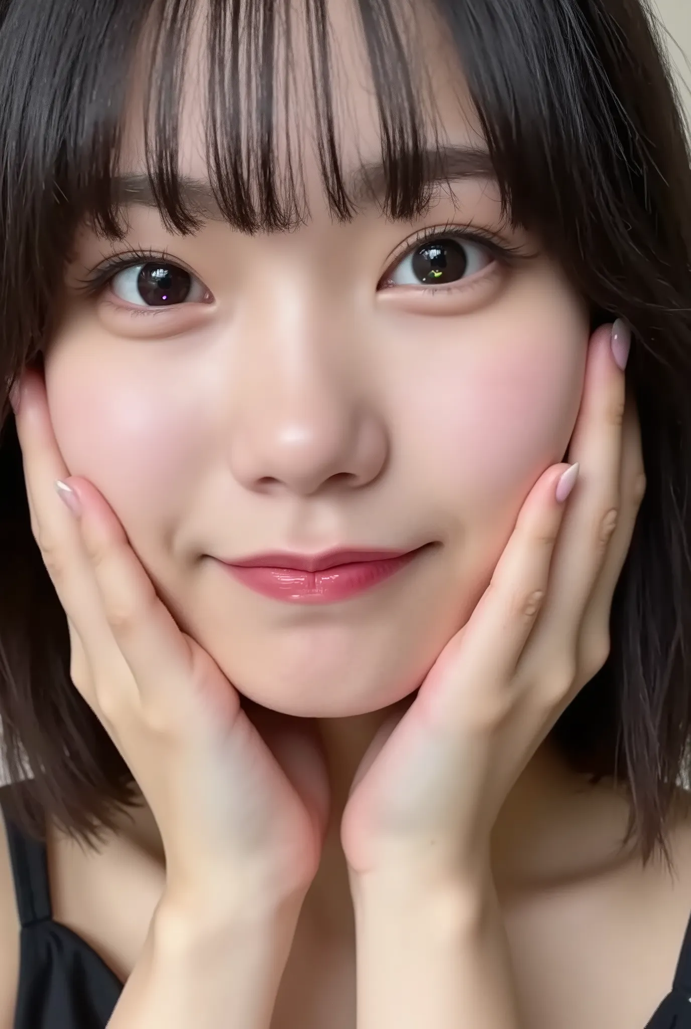 extreme close-up portrait, beautiful girl with her love-struck, radiant face filling the entire frame (95% face ratio), gently placing both open hands on her flushed cheeks with soft fingers, soft black camisole, white blurred background, eyes dreamy and h...