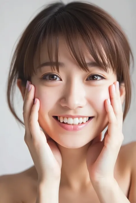 extreme close-up portrait, beautiful girl with her love-struck, radiant face filling the entire frame (95% face ratio), gently placing both open hands on her flushed cheeks with soft fingers, soft black camisole, white blurred background, eyes dreamy and h...