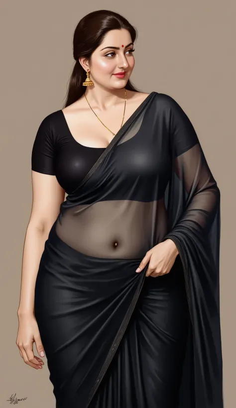 ((Centered composition, perfect framing, no cropping)), a high-quality painting by renowned artist Manimala, a traditionally styled Indian woman with a full, curvy body type, curvaceous and busty with large breasts and deep cleavage, intricate facial featu...