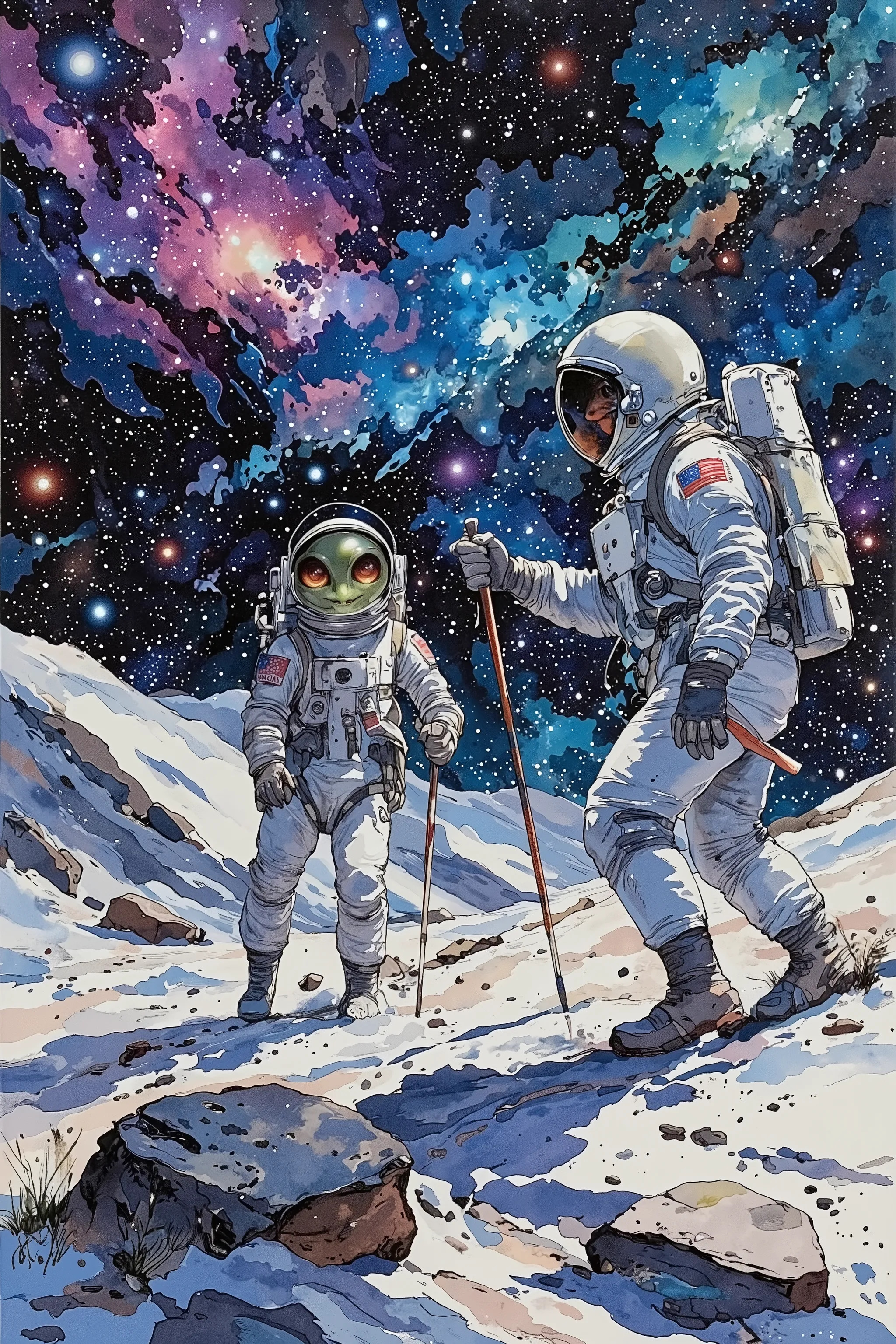 from side,side view,wide view,1 alien and 1 astronaut,hiking,holding Trekking pole,beautiful galaxy night sky,beautiful scenery,land scape,in Moon surface,vivid color,bright tone,dynamic pose,dramatic moment,dynamic angle,Takehiko Inoue style,beautiful det...