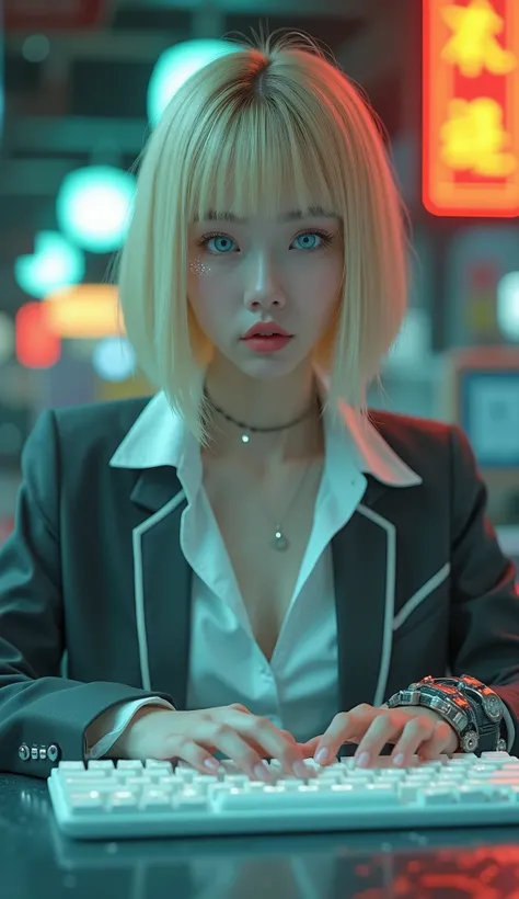 ((RAW Photo), Absurds, (Absurd Resolution)), ((Hyperrealism, Photorealistic)), (AI Fantasy), (masterpiece, highest quality, amazing quality), (beautiful girl, blonde, office worker, 21 years old, haiz_ai, cknc style), (realistic pupil, crystal pinky blue e...