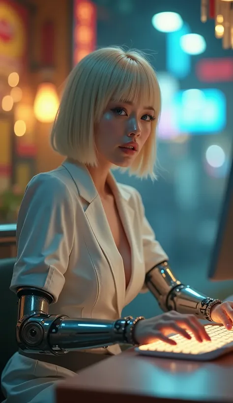 ((RAW Photo), Absurds, (Absurd Resolution)), ((Hyperrealism, Photorealistic)), (AI Fantasy), (masterpiece, highest quality, amazing quality), (beautiful girl, blonde, office worker, 21 years old, haiz_ai, cknc style), (realistic pupil, crystal pinky blue e...