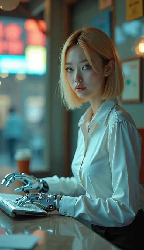 ((RAW Photo), Absurds, (Absurd Resolution)), ((Hyperrealism, Photorealistic)), (AI Fantasy), (masterpiece, highest quality, amazing quality), (beautiful girl, blonde, office worker, 21 years old, haiz_ai, cknc style), (realistic pupil, crystal pinky blue e...