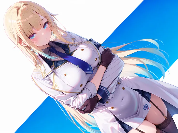 masterpiece,best quality, amazing quality, highres, absurdres, very aesthetic, high resolution, ultra detailed, perfect details,EmaMilitary, long hair, earrings, short dress, necktie, gloves, white coat, garter straps, thighhighs,,anime keyvisual,medium br...