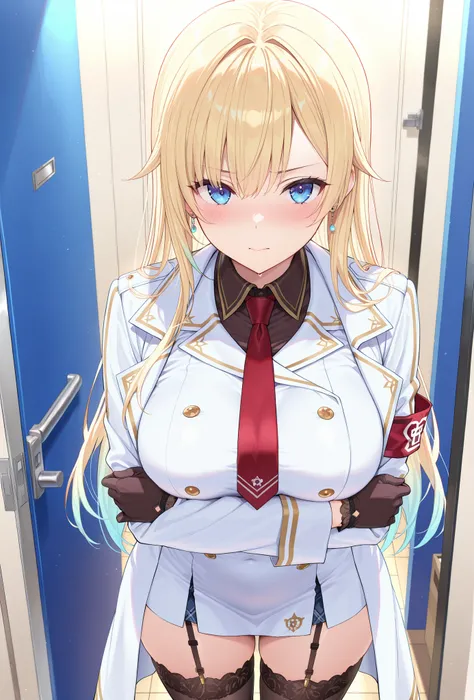 masterpiece,best quality, amazing quality, highres, absurdres, very aesthetic, high resolution, ultra detailed, perfect details,EmaMilitary, long hair, earrings, short dress, necktie, gloves, white coat, garter straps, thighhighs,,anime keyvisual,medium br...