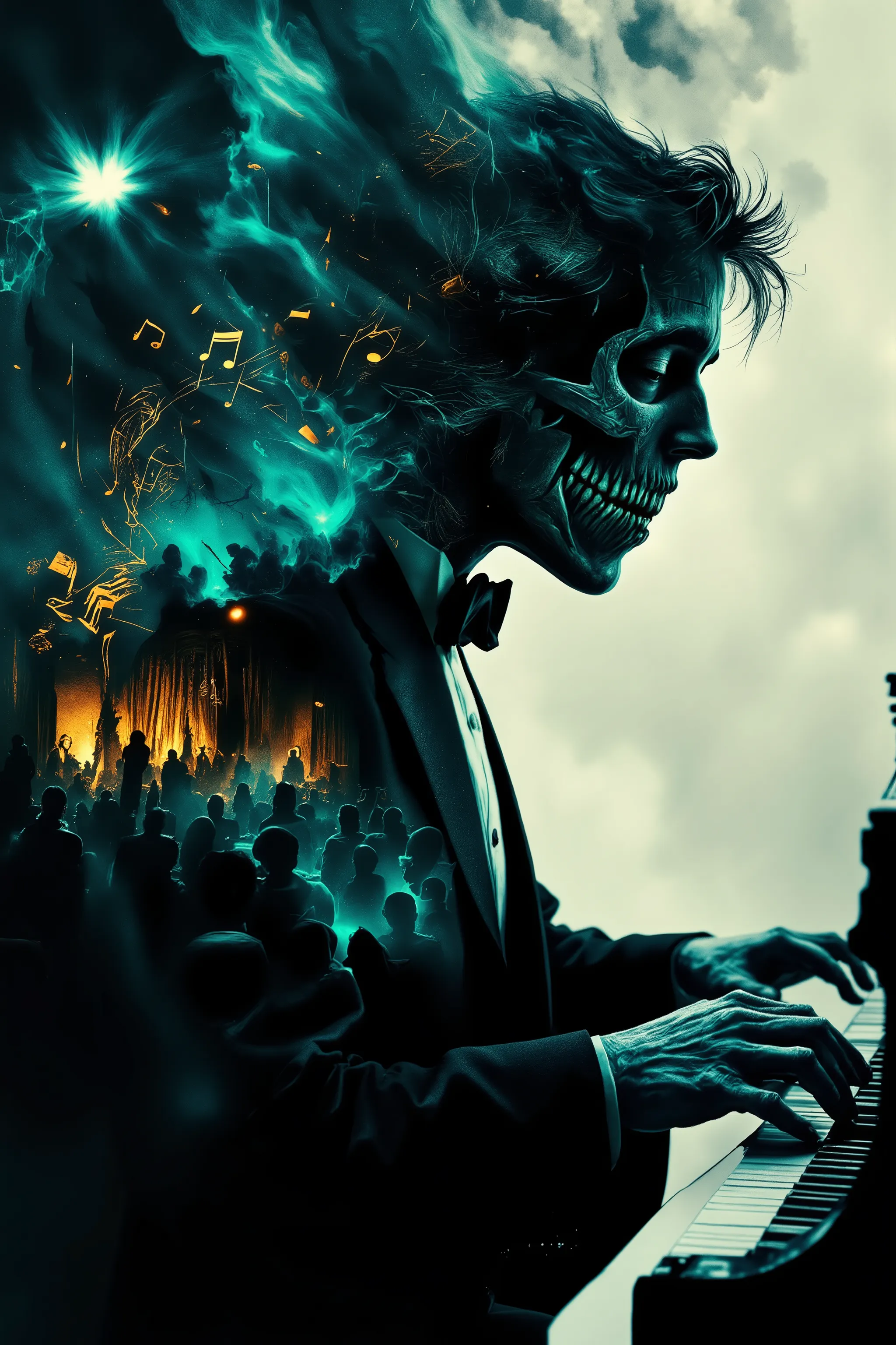 complex double exposure of high quality. Macabre The Opera of Screams. A skeletal conductor in a tuxedo, his void-face spewing screaming musical notes, inside his silhouette — a soprano with stitched lips crying string-tears onto a piano with teeth-keys. G...