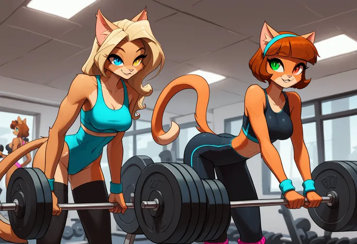 Masterpiece, best quality, amazing quality, absurdres, very aesthetic, lazypos, gym interior, (2girls), Kate, Marie, (Kate\(cute female anthro cat girl, skinny, short brown hair, heterochromia (copper left eye, green right eye), wearing sports bra and tigh...
