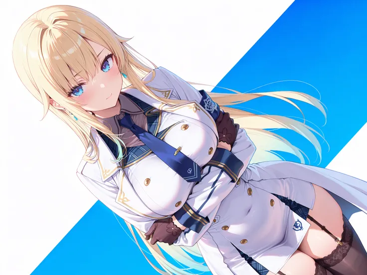 masterpiece,best quality, amazing quality, highres, absurdres, very aesthetic, high resolution, ultra detailed, perfect details,EmaMilitary, long hair, earrings, short dress, necktie, gloves, white coat, garter straps, thighhighs,,anime keyvisual,medium br...