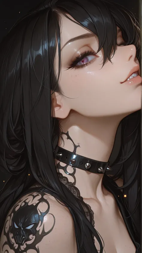 best quality, 4k, 8k, highres, masterpiece:1.2, ultra-detailed, close-up portrait, (sharp focus:1.4), Estelle Mullins gazing directly at the viewer, head slightly tilted, soft glow from magical tattoos on neck and collarbone, eyes intense and full of purpose, (very long black hair cascading around her shoulders), delicate strands over one eye, faint smirk or focused expression, (punk accessories: choker, spiked collar, black lace), ambient arcane glow from behind, subtle magical particles floating near her face, lollipop held at her lips, deep shadowed lighting with warm and cool tone contrast, evocative of femme fatale and sorceress power, high realism mixed with stylized detail, Greg Rutkowski and Antonio Moro influences, cinematic energy, Marvel-style portraiture