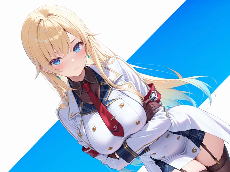 masterpiece,best quality, amazing quality, highres, absurdres, very aesthetic, high resolution, ultra detailed, perfect details,EmaMilitary, long hair, earrings, short dress, necktie, gloves, white coat, garter straps, thighhighs,,anime keyvisual,medium br...