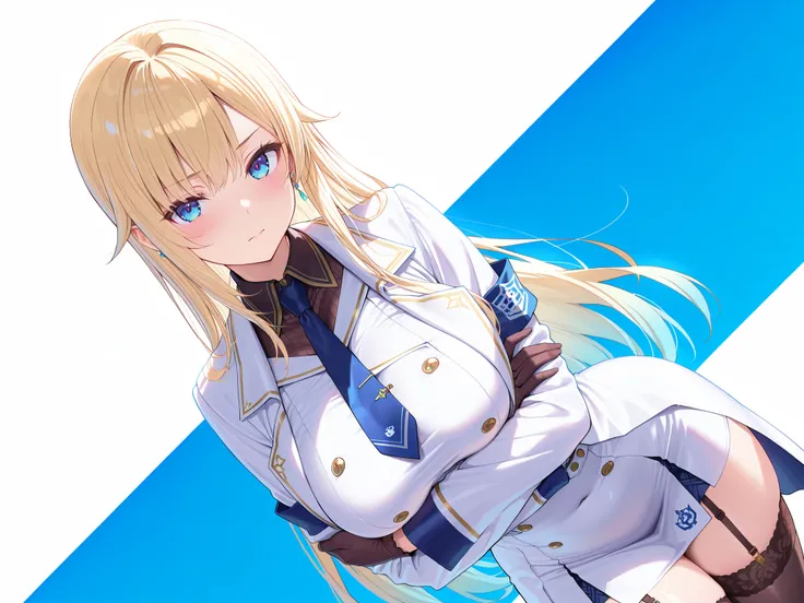 masterpiece,best quality, amazing quality, highres, absurdres, very aesthetic, high resolution, ultra detailed, perfect details,EmaMilitary, long hair, earrings, short dress, necktie, gloves, white coat, garter straps, thighhighs,,anime keyvisual,medium br...