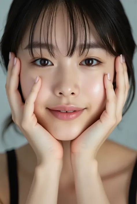 extreme close-up portrait, beautiful girl with her love-struck, radiant face filling the entire frame (95% face ratio), gently placing both open hands on her flushed cheeks with soft fingers, soft black camisole, white blurred background, eyes dreamy and h...
