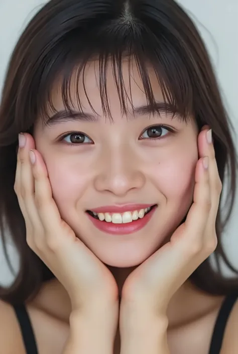 extreme close-up portrait, beautiful girl with her love-struck, radiant face filling the entire frame (95% face ratio), gently placing both open hands on her flushed cheeks with soft fingers, soft black camisole, white blurred background, eyes dreamy and h...