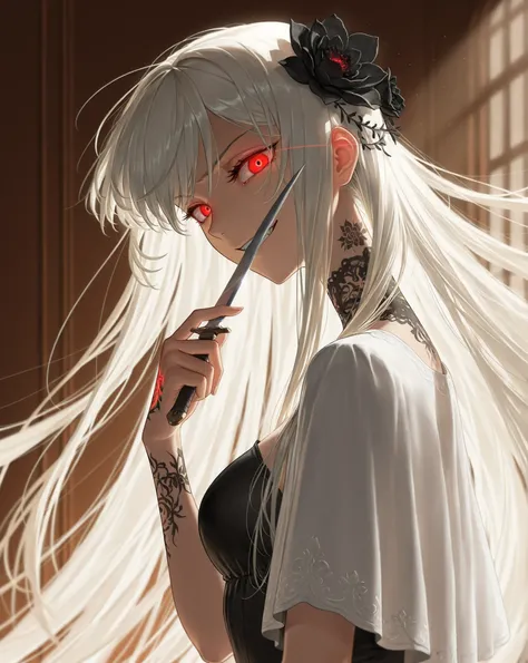 dynamic pose, action shot, masterpiece, dramatic lighting, deep lighting, god rays, best quality, amazing quality, very aesthetic, high resolution, ultra-detailed, absurdres, (hands:-0.33),
1girl, solo, (quarter shot, close up shot:1.19), biting weapon, li...