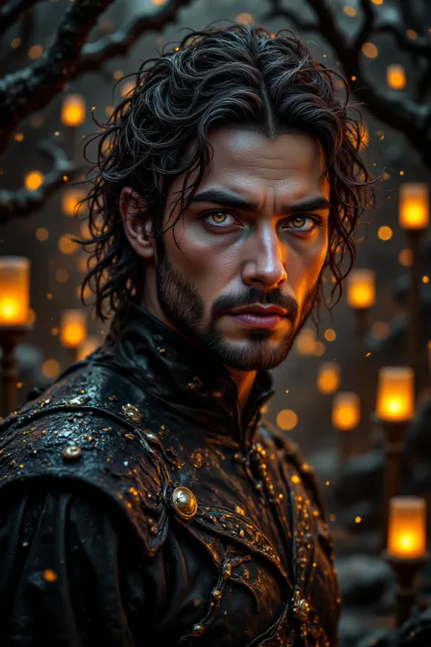 A hyper-realistic, cinematic portrait of a clean-shaven, 29-year-old, incredibly handsome man. He is tall and muscular with broad shoulders, wearing black fitted leather attire with intricate medieval-inspired details. His jet-black windblown hair frames h...
