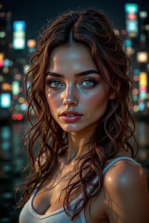 Portrait of a young woman with long, wavy brown hair, glowing skin, and blue-green eyes, set against a blurred cityscape background at night. She has defined eyebrows, soft nude lips, and wears a white tank top. Her gaze is direct, with natural, soft makeu...