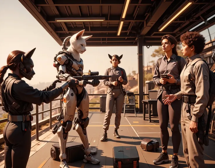 Outdoor Training Facilities,training teaching robot,a cat-headed student receiving instruction,A student with a goat head in Dubai、Big Muscular Female Students With ,(Highest Quality,4K,8k,high resolution,masterpiece:1.2),ultra detailed,(realistic,photorea...