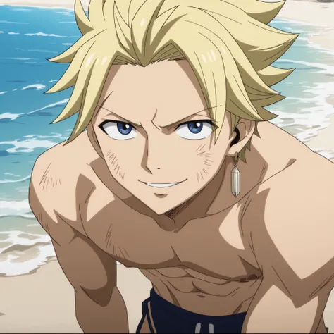 looking at viewer, score_9, score_8_up, score_7_up, source_anime, StingFT, Sting blonde hair, light yellow Sting, 1boy, male focus, anime screencap, Official style, smile, happy, beach, swimsuit