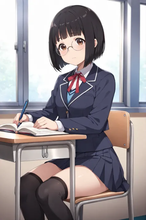 ((best quality)), ((finely detailed)), ((anatomically correct)), ((clear lines)), (top rated on pixiv), ((cinematic lighting)), 1girl, ((short black hair)), ((bob)), ((bangs)), (shining skin), ((short round face)), ((round glasses)), ((detailed brown eyes)...