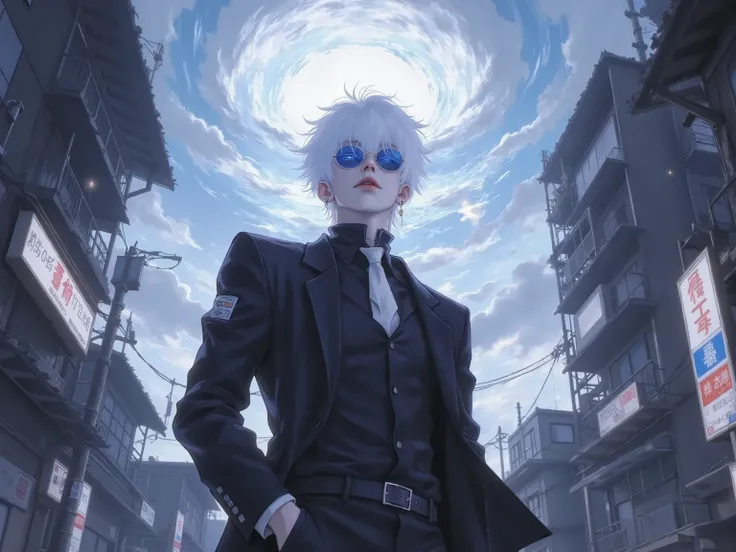 ((점수_9,점수_8_위로)), GOJO SATURO, Portrait of Gojo Satoru from "Jujutsu Kaisen", upper body only, facing forward with a calm and confident expression. White hair, blue sunglasses, wearing a high-collared black uniform. anime style, detailed lighting, soft sha...