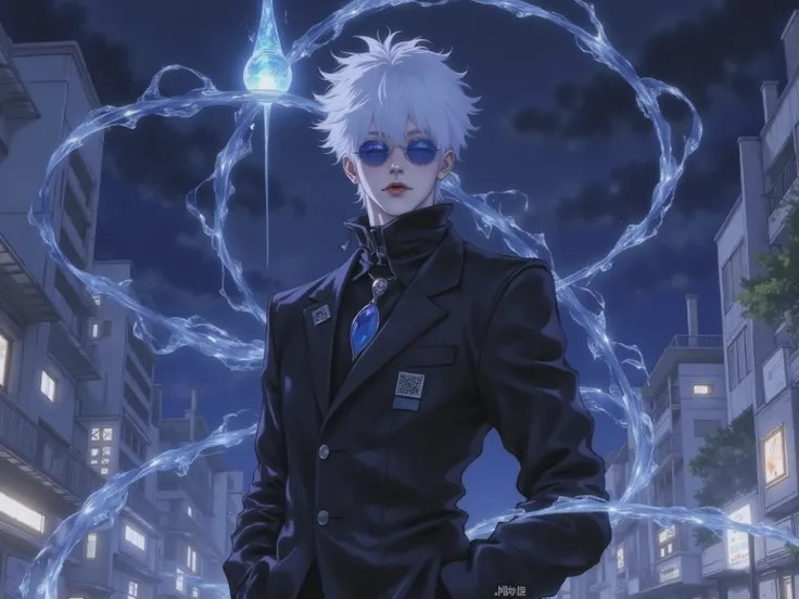 ((점수_9,점수_8_위로)), GOJO SATURO, Portrait of Gojo Satoru from "Jujutsu Kaisen", upper body only, facing forward with a calm and confident expression. White hair, blue sunglasses, wearing a high-collared black uniform. anime style, detailed lighting, soft sha...