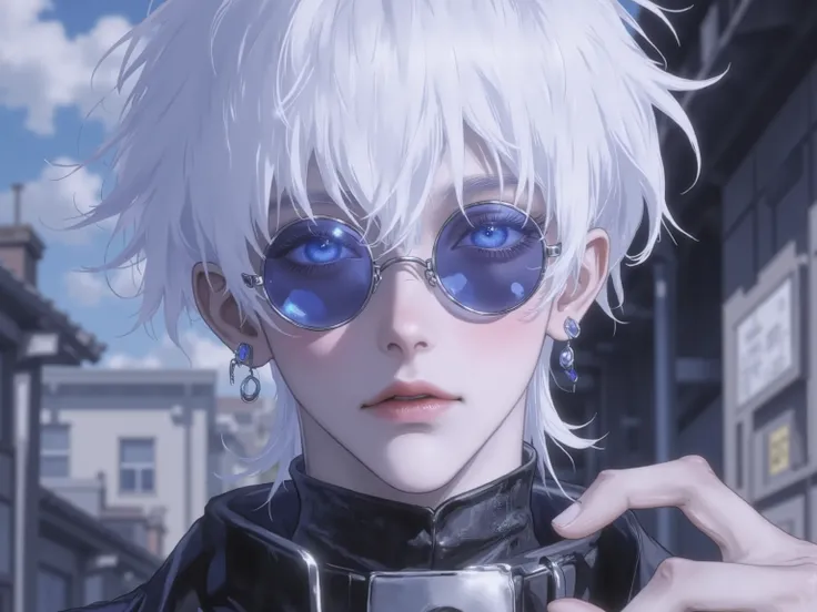 ((점수_9,점수_8_위로)), GOJO SATURO, Portrait of Gojo Satoru from "Jujutsu Kaisen", upper body only, facing forward with a calm and confident expression. White hair, blue sunglasses, wearing a high-collared black uniform. anime style, detailed lighting, soft sha...